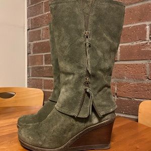 White Mountain olive green suede wedge boots-mid calf- size 8.5